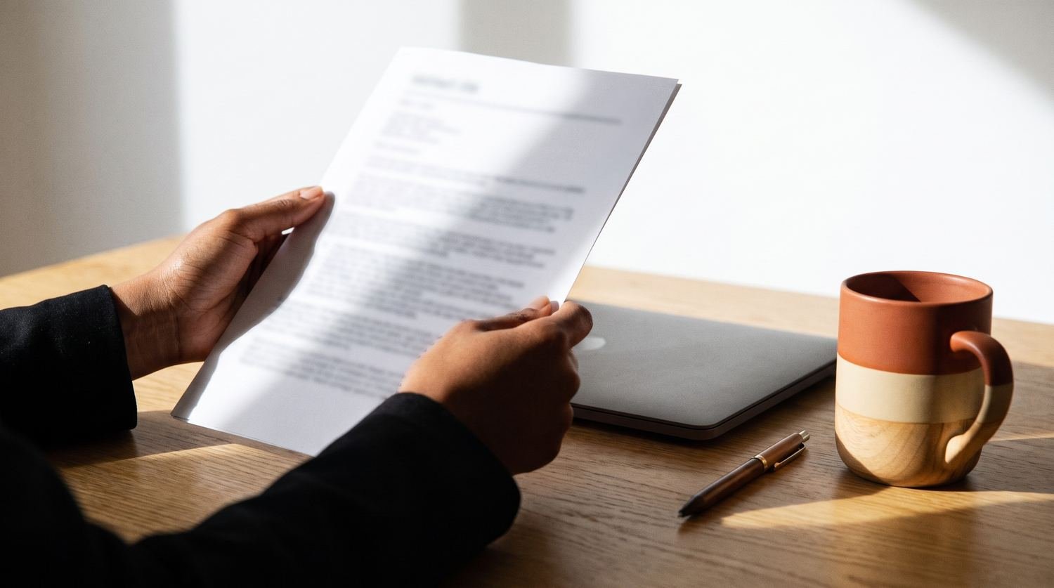 Des mains tiennent un rapport imprimé de quelques pages au-dessus d'un bureau clair.