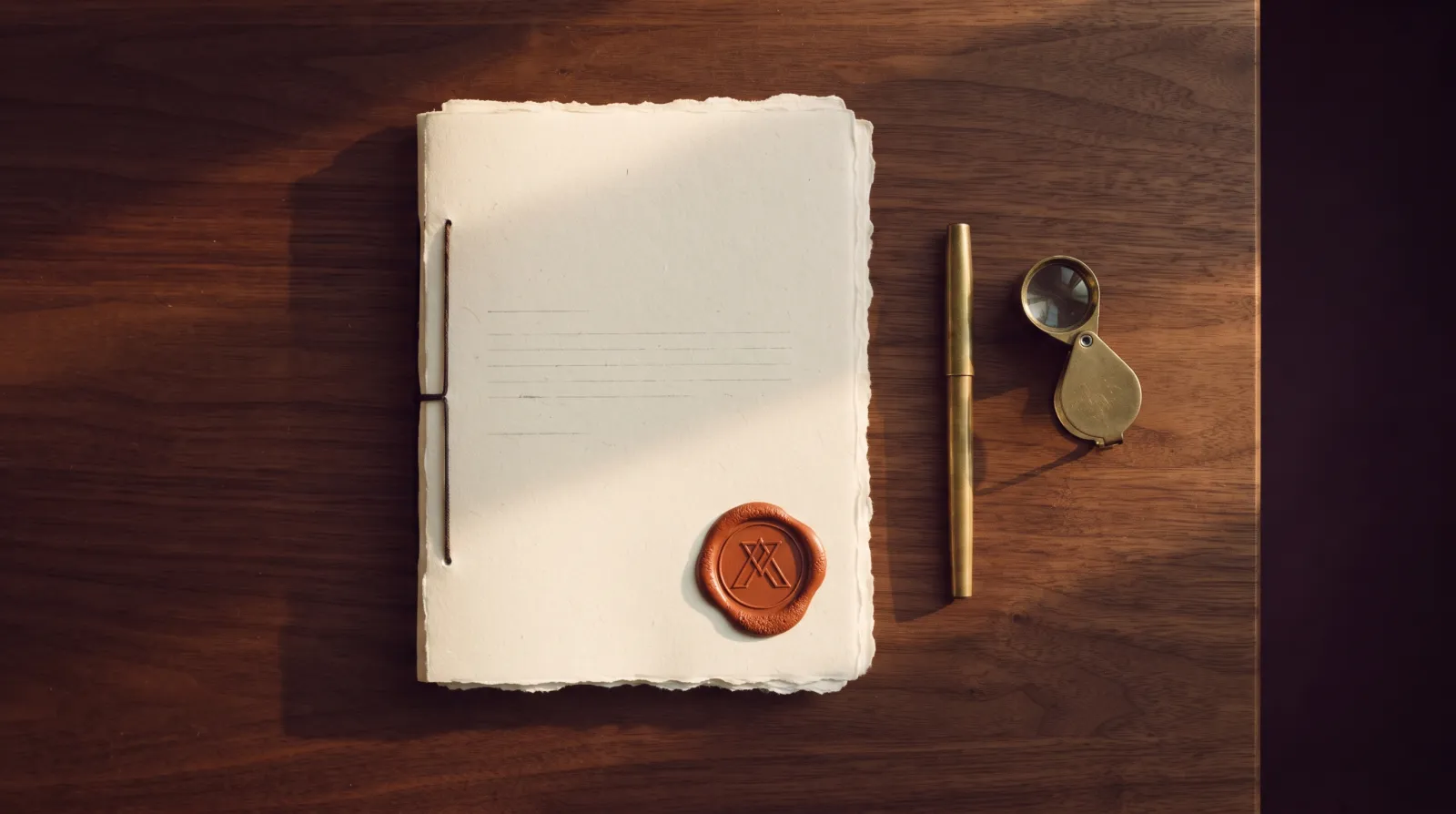 Un rapport de quelques pages scellé à la cire, un stylo et une loupe en laiton sur un bureau en noyer.