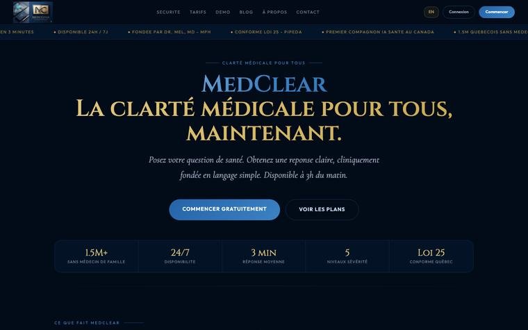 Page d'accueil du site MedClear.